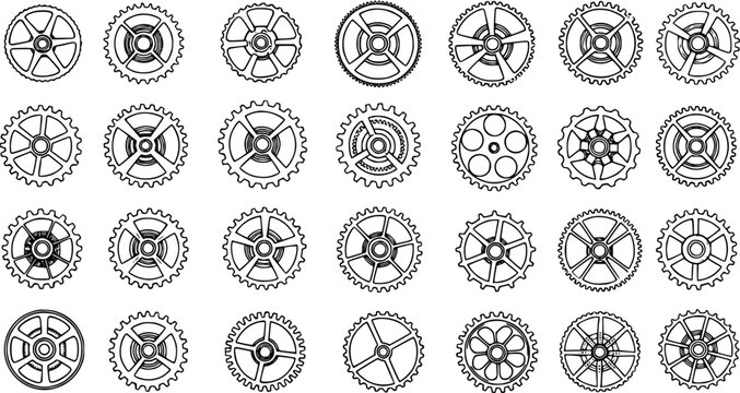 Vector outline set of 28 gear wheels, cogs, and sprockets. Detailed mechanical components, clock mechanisms, and vintage industrial or Steampunk design icons.