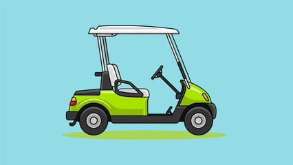 Fototapeta premium A lime green golf cart illustration with white roof and seats on a light blue background and green shadow