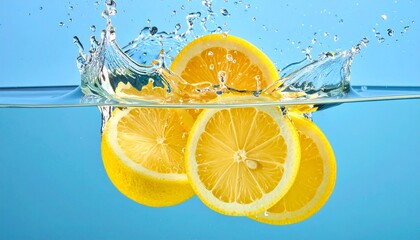 Fresh lemon slices falling deep underwater with a powerful splash and bubbles, captured on a vibrant blue background for refreshing beverage concepts.