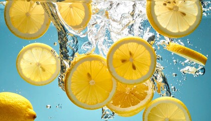 Fresh lemon slices falling deep underwater with a powerful splash and bubbles, captured on a vibrant blue background for refreshing beverage concepts.