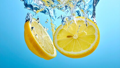 Fresh lemon slices falling deep underwater with a powerful splash and bubbles, captured on a vibrant blue background for refreshing beverage concepts.