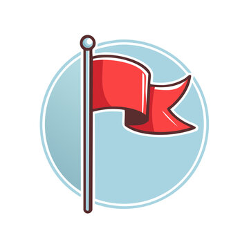 Red flag simple icon on circular blue background. Illustration of marker sign