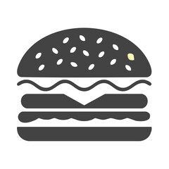Black bun burger icon. A burger with layers of meat, cheese, and black bun on white background.