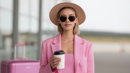 Elegant woman carrying coffee at terminal, Fashionable traveler with accessories in modern airport setting, Confident woman in pastel travel attire stands in bustling airport terminal