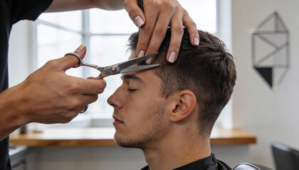 Realistic scene of a professional barber giving a precise haircut to a young man in a modern barbershop. Clean interior, soft daylight, natural emotions, sharp details, authentic grooming experience.