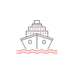 Obraz premium Cruise Ship Icon: Minimalist Line Art of Ocean Vessel with Waves, Front View, Gray and Pink Accents, Maritime Transportation, Holiday Travel Concept