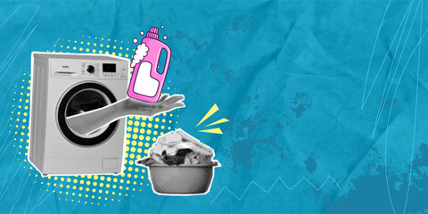 A trendy halftone collage in a pop art style. It features a housewife's hand peeking out of a washing machine, laundry, dirty clothes, and detergent. The empty space is used to display an advertising 