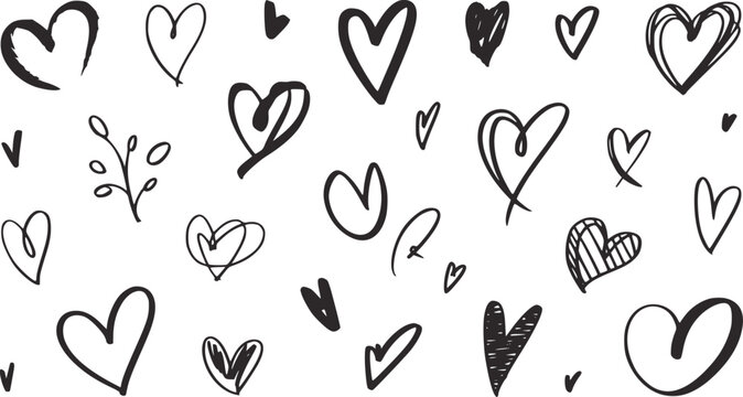 Collection of hand drawn black ink hearts white handdrawn