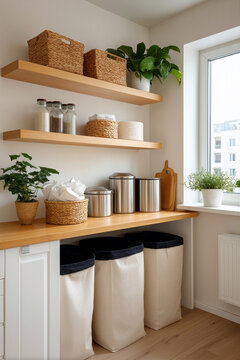Organized laundry room with floating shelves and storage solutions