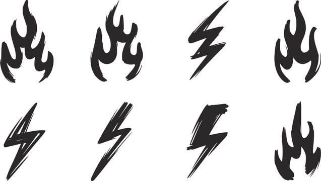 Hand drawn black ink flame and lightning symbols collection