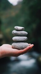 balanced natural scene, serene setting showing hand stabilizing smooth pebbles over flowing river