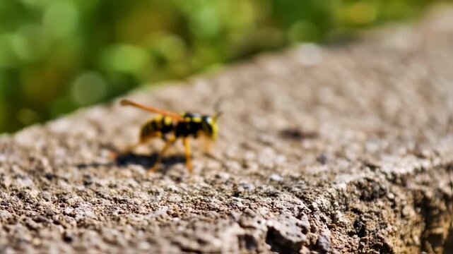 Detailed view of a wasp specimen perching on the weathered stone surface