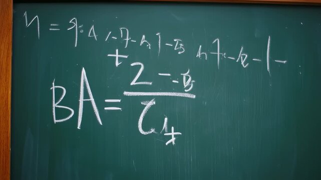 Complex equations scribbled on a chalkboard, showcasing mathematical expressions