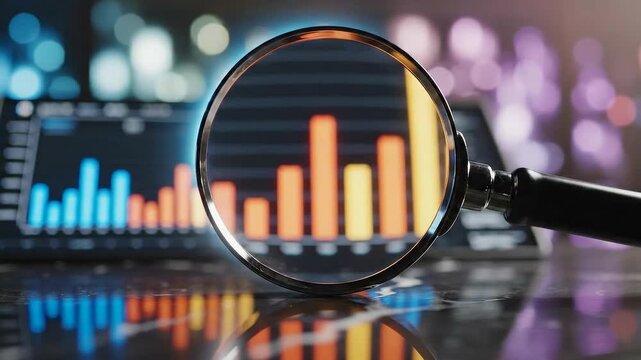Magnifying Glass Over Bar Chart Analyzing Financial Data