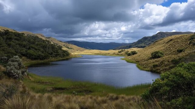 This breathtaking wide shot captures a tranquil mountain lake nestled amidst rolling hills under a dramatic, cloud-filled sky. The deep blue water reflects the dynamic patterns of the overhead clouds,