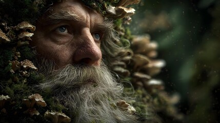 A moss-covered forest spirit with a long white beard. The image might be used to represent a character in folklore or fantasy.
