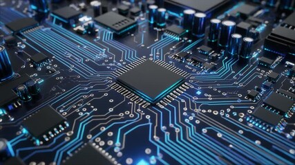 Close-up view of a sophisticated circuit board featuring a central microchip and illuminated pathways, symbolizing advanced digital technology and intricate data processing - Powered by Adobe