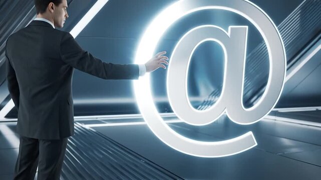 Businessman Interacting with a Glowing Email Symbol in Futuristic Environment