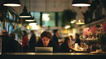 Focused freelancer sits at a counter in a trendy coffee shop, surrounded by greenery and stylish decor. The ambient environment blends productivity and relaxation, ideal for remote work and networking