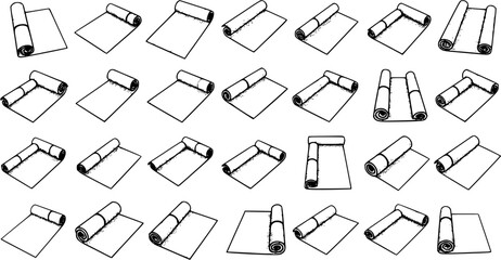 Collection of Rolled Mats or Rugs in Various Stages of Unrolling, Simple Black and White Line Art Illustrations from Multiple Angles