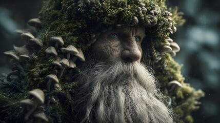A moss-covered forest spirit with a long white beard. The image might be used to represent a character in folklore or fantasy.


