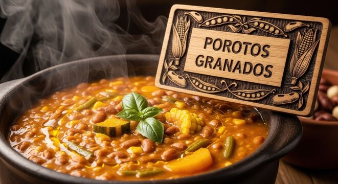 Nourishing Chilean Porotos Granados Fresh Bean Stew with Engraved Ma&ntilde;&iacute;o Wood Sign
