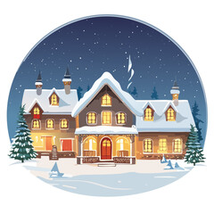 Cozy Winter Village House Illustration &mdash; Snowy Cottages with Warm Lights, Flat Storybook Vector Collection