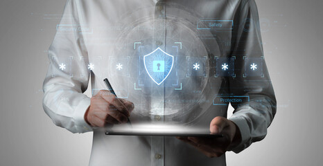 A concept of an advanced cybersecurity system. The futuristic interface shows a multi-factor authentication process using a secure password or PIN for enhanced data protection. Fermion