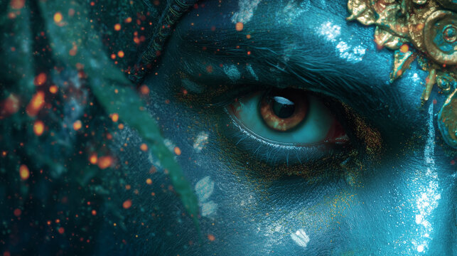 Firefly-lit forest close-up, glowing lights and shadows forming Krishna&Atilde;&cent;&Acirc;&Acirc;s eyes and crown