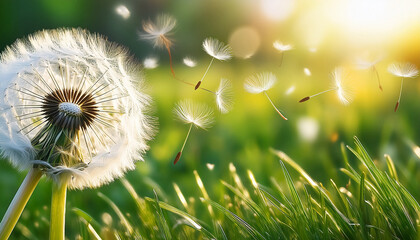 The Image Consists Of A Dandelion With Its Seeds Being Blown Away On A Vibrant Green Grass Background Creating A Sense Of Freedom And Nature S