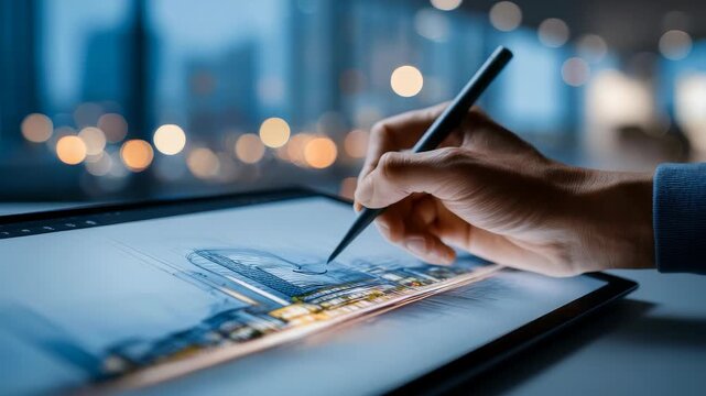 A hand draws futuristic buildings on a digital tablet, highlighting innovation in urban design and digital art. The blurred city lights in the background evoke a modern, dynamic atmosphere
