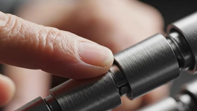 Extreme close up of human finger touching precision machined steel cylinder to check surface texture