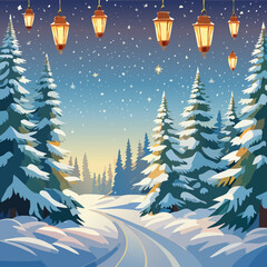 Winter Forest Lantern Illustration &mdash; Snowy Pine Landscapes with Glowing Lights, Cozy Flat Vector Collection