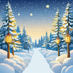 Winter Forest Lantern Illustration &mdash; Snowy Pine Landscapes with Glowing Lights, Cozy Flat Vector Collection