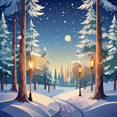Winter Forest Lantern Illustration &mdash; Snowy Pine Landscapes with Glowing Lights, Cozy Flat Vector Collection