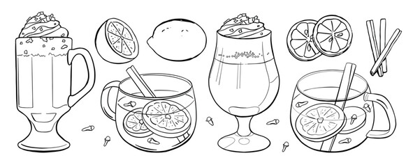Drink set with hot toddy, Irish coffee illustrations. Hot winter drinks doodle monochrome vector drawing