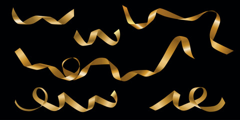 Curly golden ribbon set for gift wrapping on a black background