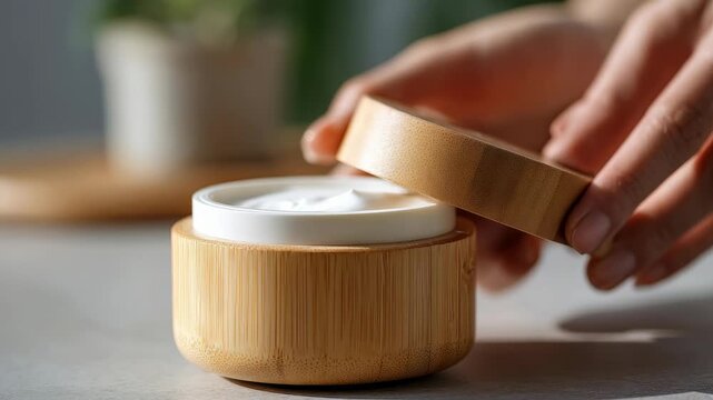 Close up of a bamboo container filled with white face cream, highlighting organic beauty and zero waste lifestyle. Minimalist design emphasizes natural ingredients and eco conscious self care routines