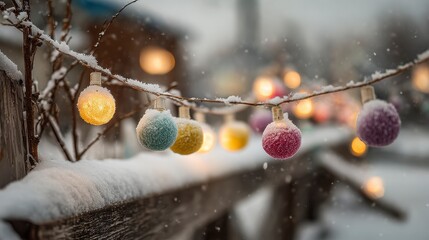 A snowy scene with twinkling string lights, frosted bulbs illuminating the winter air, set against a blurred background