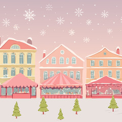 Pastel Winter Market Village Illustration &mdash; Cozy Snowy Town Squares with Holiday Stalls, Flat Storybook Vector Collection