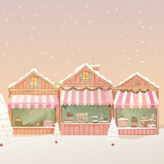 Pastel Winter Market Village Illustration &mdash; Cozy Snowy Town Squares with Holiday Stalls, Flat Storybook Vector Collection