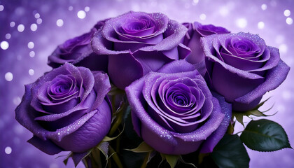Lovely Bouquet Of Purple Roses Glistening With Sparkling Water Droplets The Petals Have A Soft Velvety Texture And The Colors Are Simply Enchanting Deep Rich Purple With Hints Of Blue And Pink