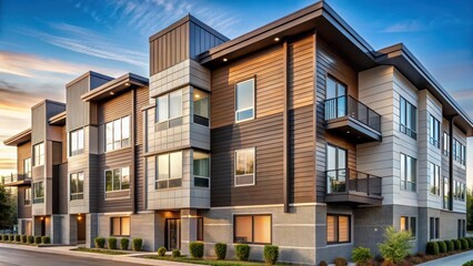 Modern Residential Building Exterior at Sunset Architectural Design with Varied Facades and Balconies