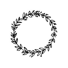 Hand Drawn Circular Laurel Wreath. Minimalist Vector Leaves Frame Line Art