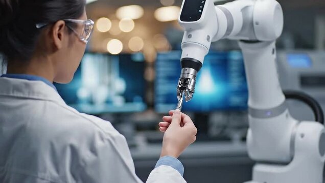 Female scientist in white coat handing precision tool to white robotic arm gripper in modern laboratory