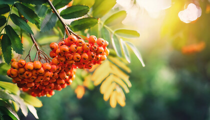 Orange Red Rowan Berries Ripen On A Tree Branch Against Natural Green Leaves Background Growing Landscaping Comcept Free Copy Space