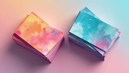 Two stacks of colorful business cards featuring abstract watercolor patterns in pink orange and blue aqua hues. Cards have textured gradient backgrounds. Ideal for creative design branding.