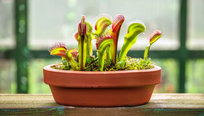 Vibrant Carnivorous Plant Arrangement In Terra Cotta Pot Captured In Lush Greenhouse Environment