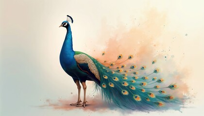 Fototapeta premium Peacock bird with ornate blue green tail feathers stands on plain background. Soft pastel watercolor paint splashes add artistic appeal. Elegant avian elegance displayed.