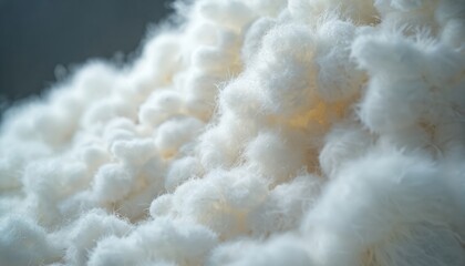 Loose white polyester fiber material piled loosely. Fluffy synthetic textile fibers for manufacturing. Soft, light raw material for industrial use.